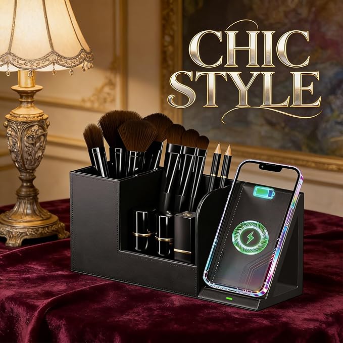 LADSTAG Makeup Brush Holder Organizer, Leather Makeup Brush Cup with Phone Charging Stand for Cosmetics, Nail Polish, Lipstick & Art Supplies Vanity Desktop Bathroom Organizer