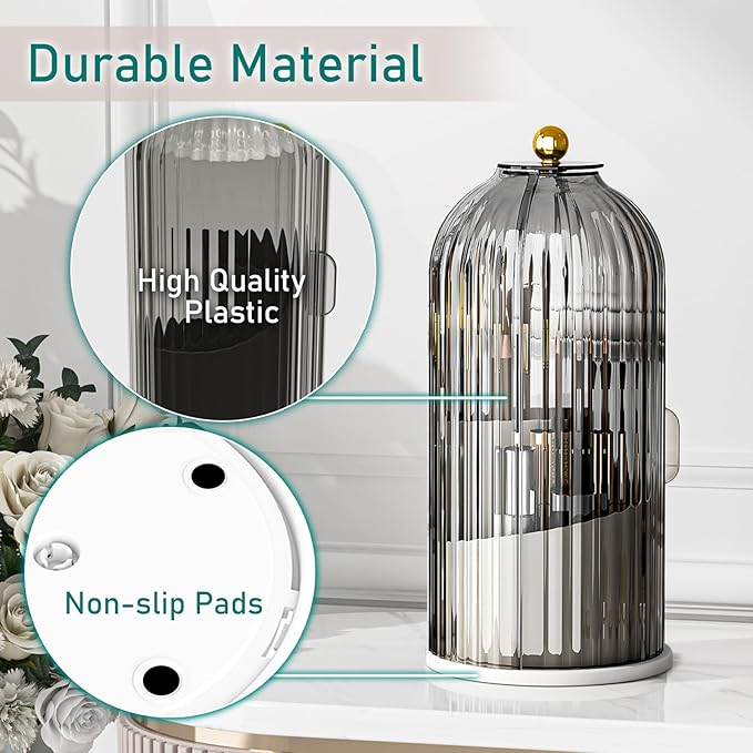 GAXmi Makeup Brush Holder with Lid Cosmetic Tools Organizer 360 Rotating Waterproof Dustproof Beauty Brushes Storage for Vanity, Grey
