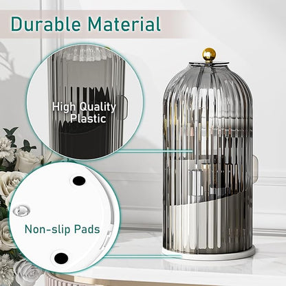 GAXmi Makeup Brush Holder with Lid Cosmetic Tools Organizer 360 Rotating Waterproof Dustproof Beauty Brushes Storage for Vanity, Grey