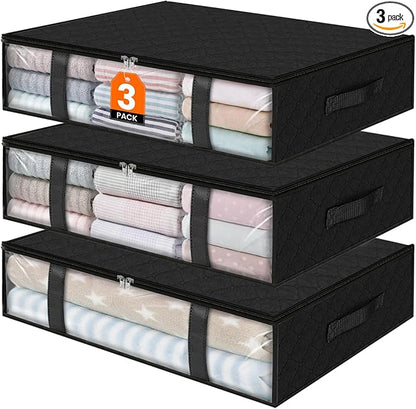 StorageRight Under Bed Storage Bins, 3-Pack 40L Foldable Fabric Storage Bags with Transparent Window, Breathable Organizer for Clothes/Blanket/Comforter/Quiltr, Black