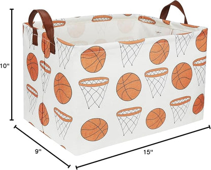 Rectangular Baketball Baskets,Kids Basket for Boy.Waterproof PE Coating Cute Basket with Handles.Boys Bin,Toys Box,Books Bins. (Basketball)