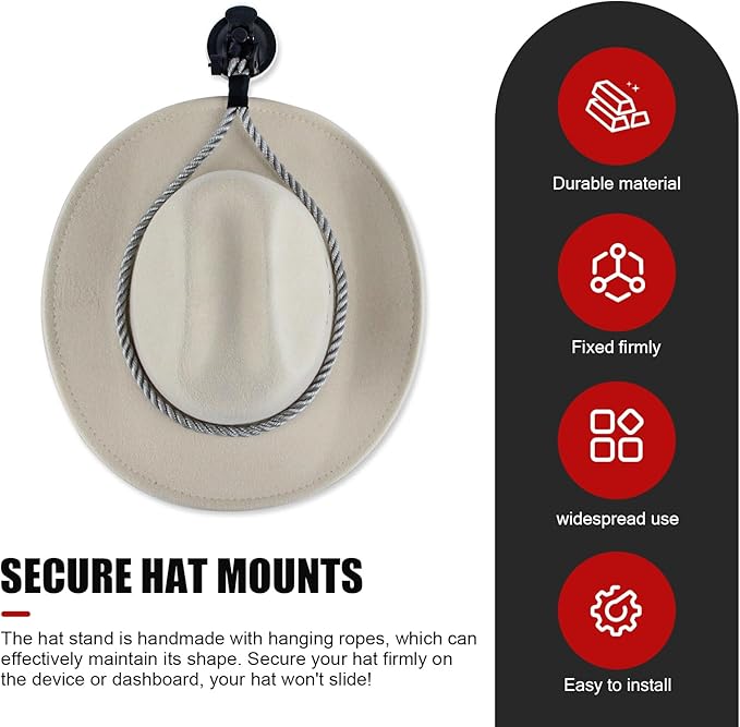 Cowboy Hat Holder for Truck & Car, Cowboy Hat Holder Rack with Suction Cup and Handmade Rope, Cowboy Hat Hanger for Car, SUV, Truck, Home, Universal Truck Accessories (Gray)