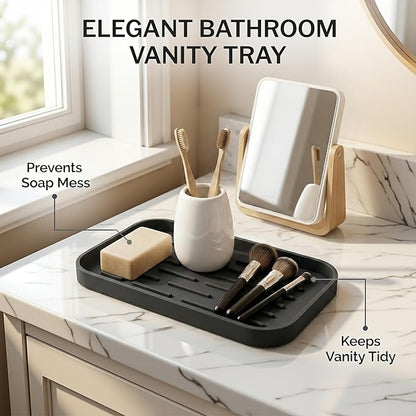 Silicone Organizer Tray, Soap and Sponge Holder for Kitchen Sink, Bathroom - Storage Tray for Dish Brush, Soap Dispenser, Dishwashing Accessories-(Black 1 Pack, 10"x5.3")