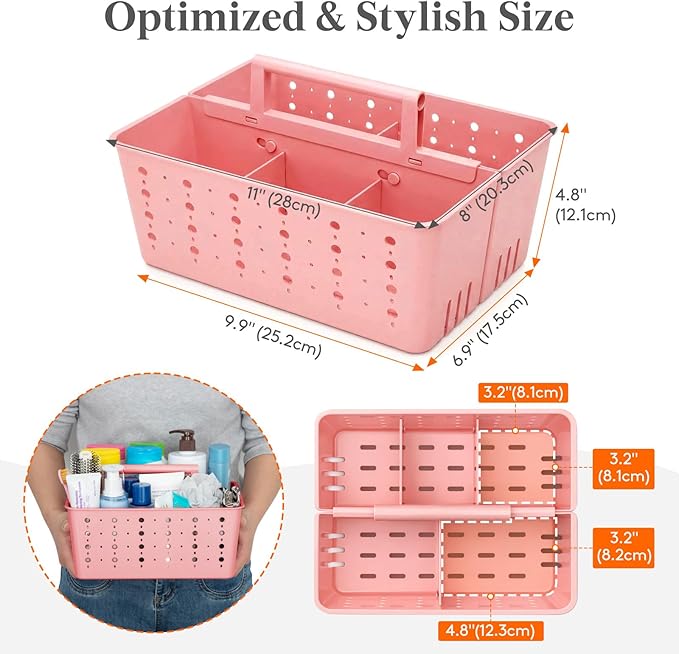 Lifewit Shower Caddy Portable, Cleaning Supplies Caddy Organizer with Handle and Adjustable Dividers, Plastic Shower Basket for Dorm Room Essentials, College, Bathroom, Pink, 2 Packs