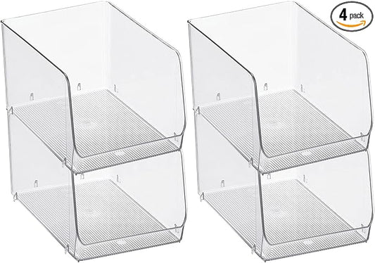 mDesign Stackable Plastic Food Storage Organizer Bin Basket with Open Front for Household Kitchen Cabinets, Pantry, Offices, Closets, Bedrooms, Bathrooms - 7.7" Wide, 4 Pack - Clear