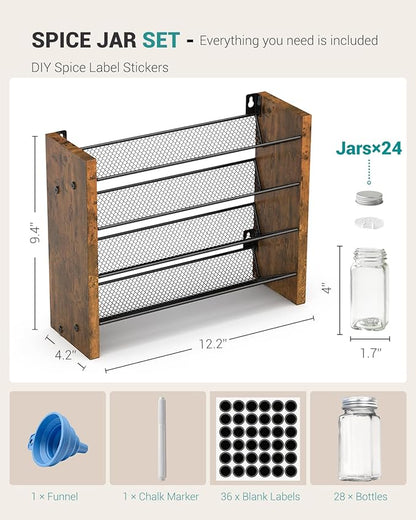 NESAPTO Spice Rack Organizer with 24 Glass Spice Jars, Wood 4-Tier Seasoning Organizer with Labels for Cabinet, Pantry, Countertop or Wall Mount, Chalk Marker and Funnel Set, 12.2" W × 9.4" H