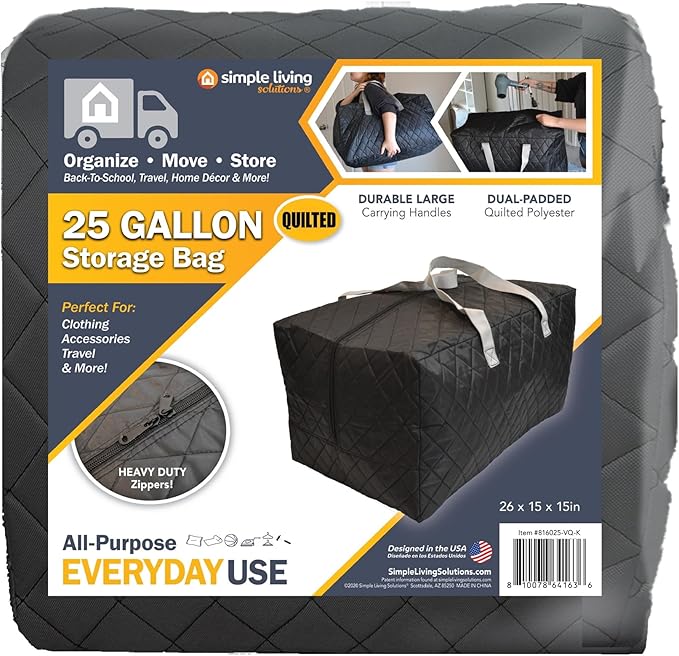 Simple Living Solutions Quilted Storage Bag, Medium, 25 Gallon Heavy Duty Fabric Organizer with Reinforced Handles & Zipper, Ideal for Clothes, Bedding & Travel