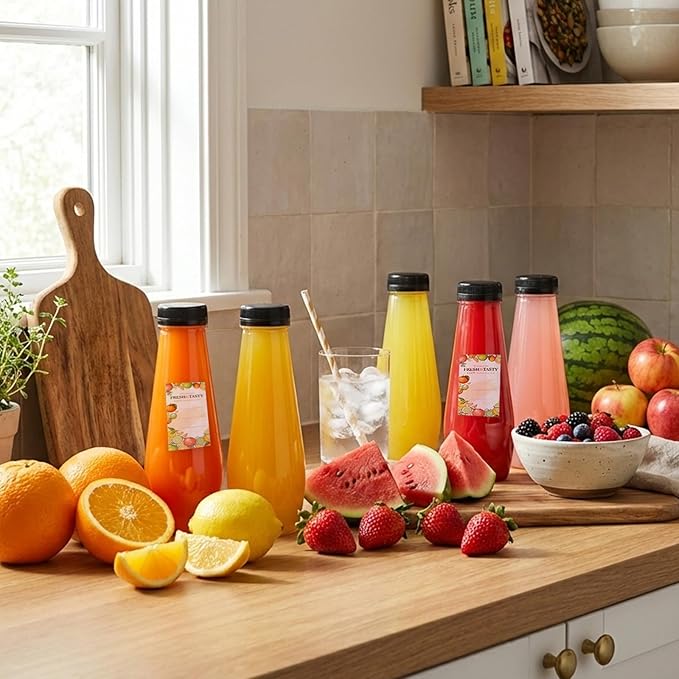 TOMNK 32pcs 12oz Juice Bottles, Empty Plastic Juicing Bottles with Caps, Cone Reusable Clear Bulk Beverage Containers for Juicing, Drinking, Milkshake, Tea and Other Beverages
