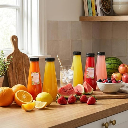 TOMNK 32pcs 12oz Juice Bottles, Empty Plastic Juicing Bottles with Caps, Cone Reusable Clear Bulk Beverage Containers for Juicing, Drinking, Milkshake, Tea and Other Beverages