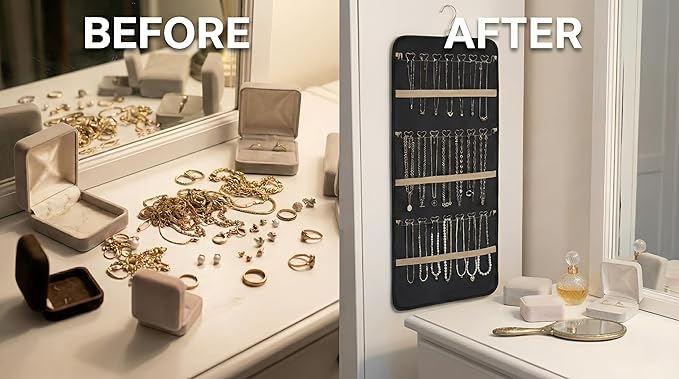 Hanging Jewelry Organizer, Dual-Sided Necklace Holder with Multiple Clear Pockets - Wall Mount & Over The Door Closet Storage for Earrings, Rings, Bracelets - 360° Rotating Hanger (1, Black, XL)