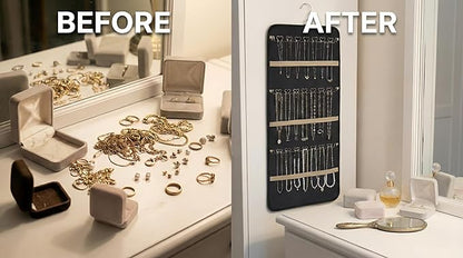 Hanging Jewelry Organizer, Dual-Sided Necklace Holder with Multiple Clear Pockets - Wall Mount & Over The Door Closet Storage for Earrings, Rings, Bracelets - 360° Rotating Hanger (1, Black, XL)