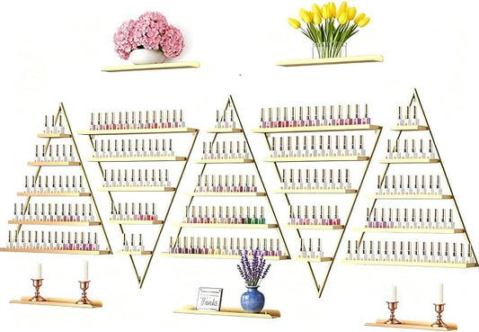 10 Packs Metal Nail Polish Storage Racks, 5 Tiers Wall-Mounted Triangular Display Rack Cosmetic Display Cases, Nail Polish & Lipstick Display Rack Perfume Organizer for Home Spas Salons (Gold)