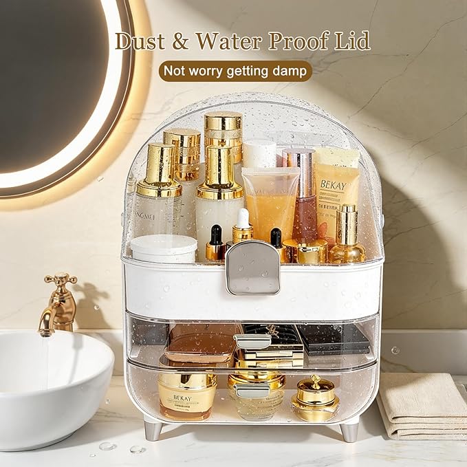 Makeup Organizer with Drawers-Cosmetic Display Case for Vanity|Skincare Organizer with 360 Rotating Brush Holder,Large Storage Box Dresser,Women Gifts Display Cases for Bathroom Countertop, Sliver