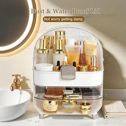 Makeup Organizer with Drawers-Cosmetic Display Case for Vanity|Skincare Organizer with 360 Rotating Brush Holder,Large Storage Box Dresser,Women Gifts Display Cases for Bathroom Countertop, Sliver