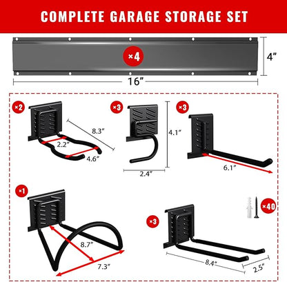 Garage Tool Organizer Wall Mount, Easy to 64inch Install Heavy-Duty Garage Storage System with Adjustable 12 Hooks, Garden Tool Rack for Shovels, Rakes, Yard Tools