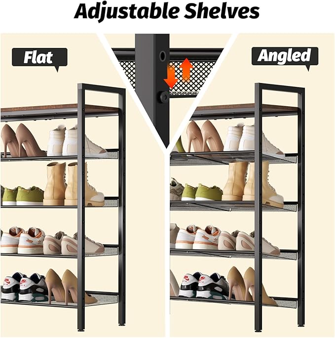 WIN4ALL Shoe Rack for Front Door Entrance, 5 Tier Shoe Rack for Entryway, 16-20 Pairs of Shoes, Metal Shoe Rack Organizer, Free Standing Shoe Rack for Closet (Black+Rustic Brown)