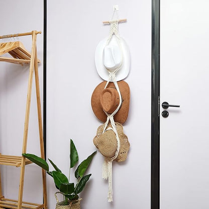 Yulejo Macrame Hat Hangers Racks Boho Cowboy Hats Holders Western Display Organizer Storage decor Back of Door for Wall (White,Three Hats Style)