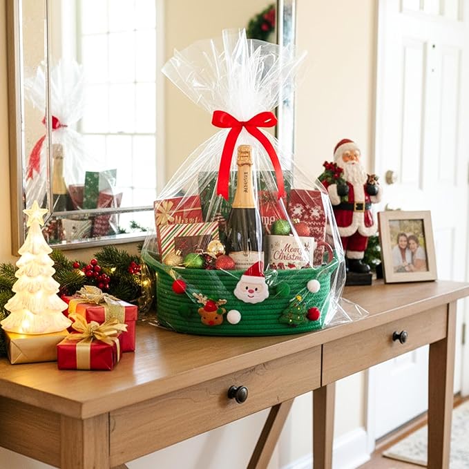 ShellKingdom Storage Basket with Handles, Empty Gift Basket with Gift Bags and Ribbon for Christmas, Small Woven Baskets for Home, Nursery Storage Organizer, 12 X 8 X 5 INCH, Christmas Green