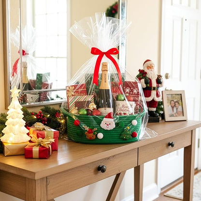 ShellKingdom Storage Basket with Handles, Empty Gift Basket with Gift Bags and Ribbon for Christmas, Small Woven Baskets for Home, Nursery Storage Organizer, 12 X 8 X 5 INCH, Christmas Green