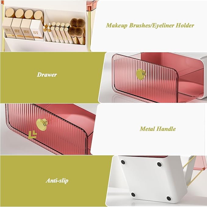 FOLLOWIN Bathroom Organizers and Storage with Drawer, Vanity Storage Organizer with Makeup Brushes Holder, Perfume Lotion Cosmetic Organizer, Blush Pink