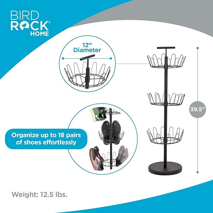 Internet's Best 3 Tier Metal Shoe Tree | Black Finish | 18-Pair Shoe Organization | Free Standing Tower Weighted Base