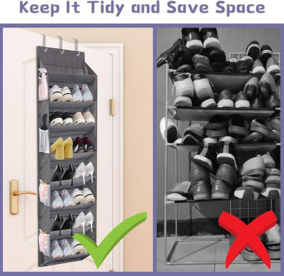Over the Door Shoe Organizer Hanging with 8 Mesh Pockets 8 Wire Large Deep Pockets, 50lbs Weight Capacity Fits 16 Pairs Shoes Door Shoe Rack Store for Closet and Narrow Door 1 Pack