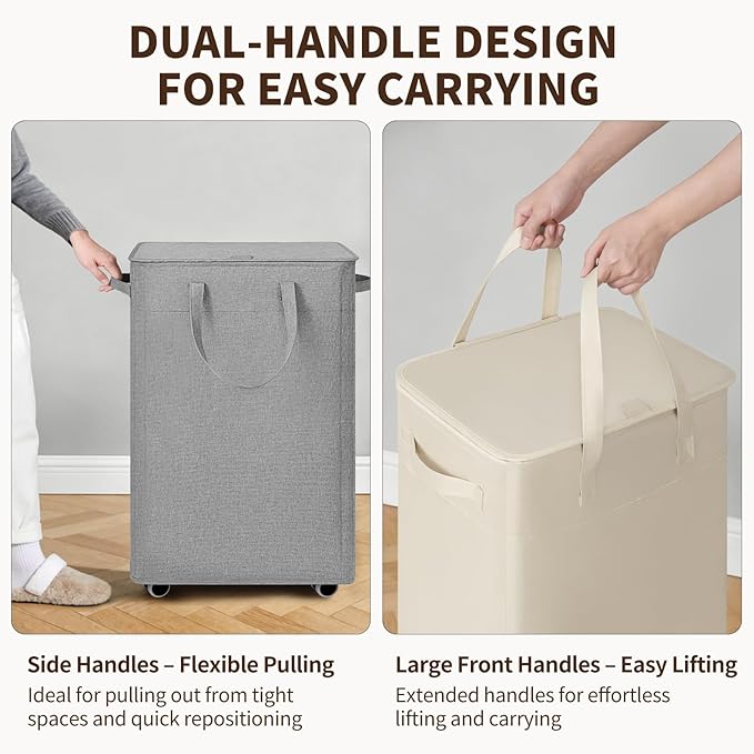 Goodpick Laundry Basket with Wheels and Lid, 100L Collapsible Dirty Clothes Hamper for Laundry Room Bathroom, Extra Large Rolling Hamper with Removable Wash Bag, White