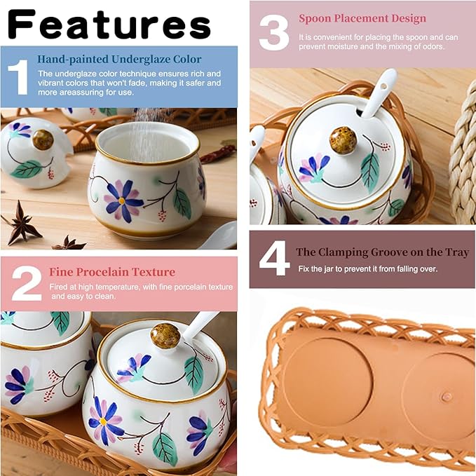 Kitchen Ceramic Condiment Jars with Lids and Spoons, 3 Piece Porcelain Seasoning Jar Set for Salt Spice Pepper Suger Bowl, Coffee Tea Container Pot with Serving Tray - Purple Flower