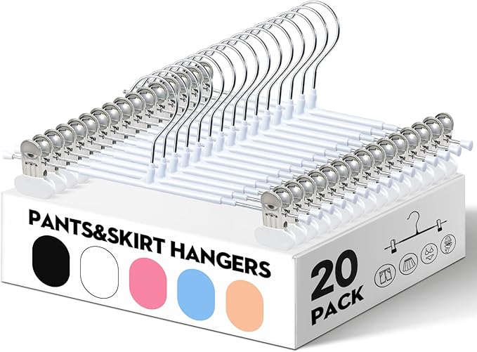 HUADYMEET 20 Pack 12Inch Pants Hangers with Wide Clips,Metal Trouser Hanger for Jeans.Space Saving Skirt Hangers Heavy Duty Non-Slip Adjustable Clothes Shorts Hanger for Women,Men,White