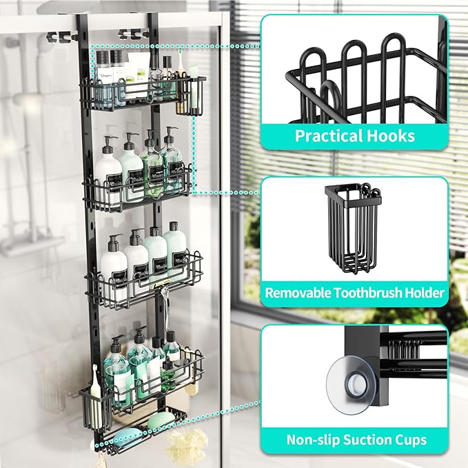 HapiRm 5 Tier Over the Door Shower Caddy, Hanging Shower Caddy with 28 Hooks and 2 Toothbrush Holders, No Drilling Adjustable Hanging Bathroom Organizer - Black