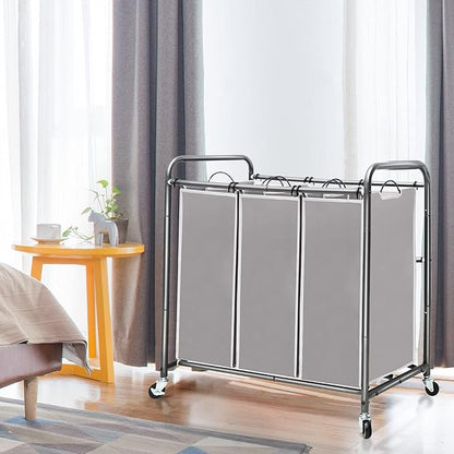 STO STO Laundry Sorter 3 Section, 3 Bag Clothes Hamper, Rolling Laundry Cart Basket with Heavy Duty Lockable Wheels and Removable Bag for Laundry Room, Bedroom, Closet, Gray
