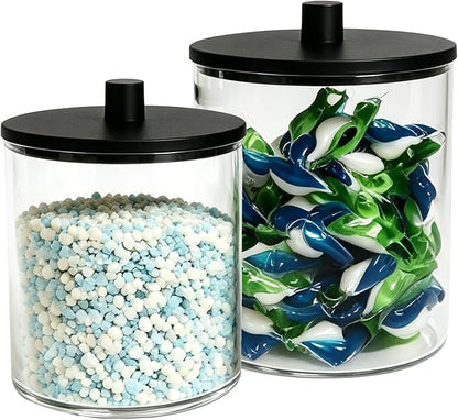 Amolliar Laundry Pods Storage Container, Clear Laundry Room Organization, 2 Pack Large Detergent Container with Bamboo Lids & 27 Labels for Bathroom Organizer (Black, 0.6+0.4Gal)