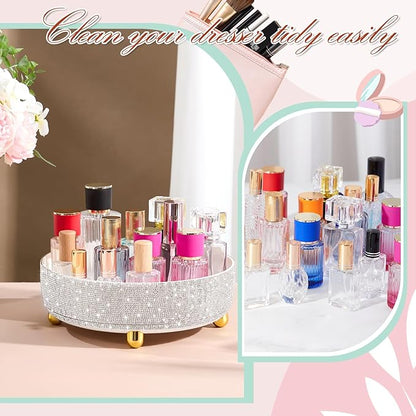 Honeydak Bling Perfume Makeup Organizer Bling Valentine's Day Mother's Day Gifts for Women Bathroom Organizers and Storage 360 Rotating Makeup Organizer for Countertop (White,Rhinestone)
