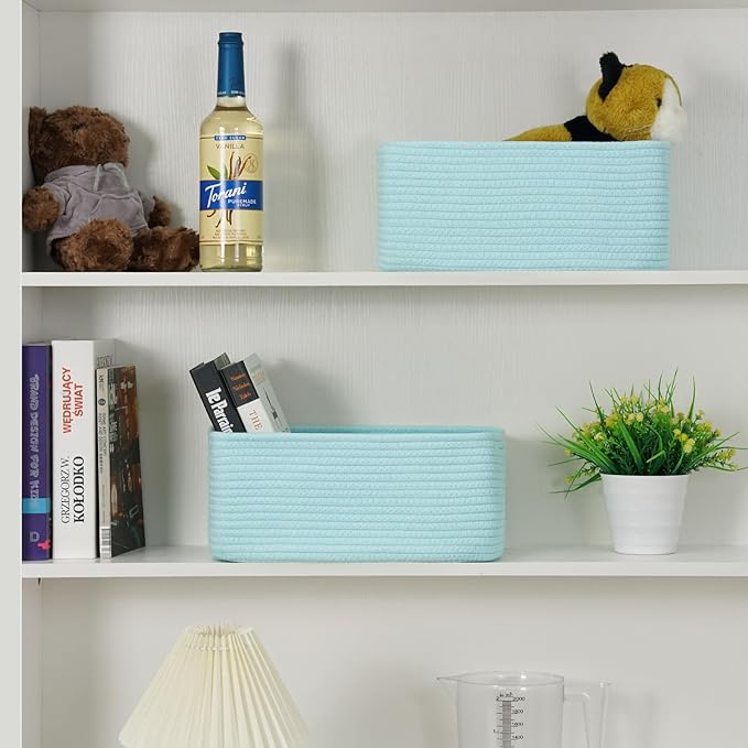 3-Pack Storage Baskets for Organizing | Woven Shelf Toy Basket | Rope Baskets for Gifts Empty | Closet Organizer Bins with Handles | Cube Decorative Box | 13.7×7.1×6.7” | Light Blue