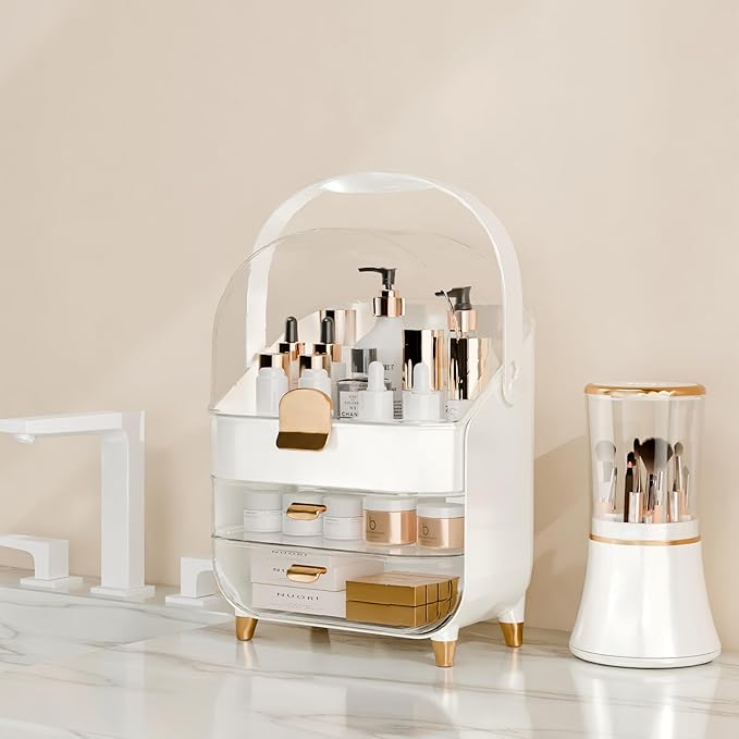Makeup Organizer Countertop With Lid And Drawers Large Skin Care Cosmetic Display Case Holder for Vanity Desk Bathroom Storage Box Gift for Women Teens Girls,White With Brush Holder