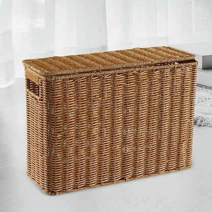 Nesting Rectangle Wicker Basket with Lid, Narrow and Tall Storage Box, Lightweight Decorative Storage Bin with Handle, Hand-Woven Magazine Holder for Bedroom Study Small Corner, S