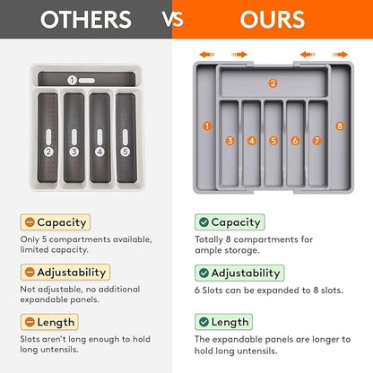 YWHWXB Silverware Drawer Organizer,Expandable Utensil Tray,Large Kitchen Drawer Organizer,Adjustable Plastic Flatware Organizer for Flatware Cutlery Spoon Knives Drawer Storage Organization (Grey)