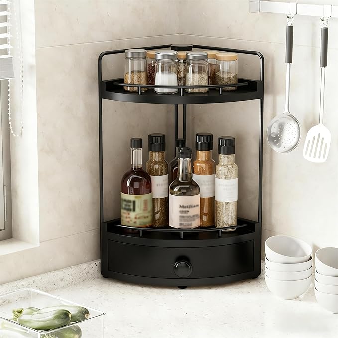 2-Tier Corner Bathroom Counter Organizer with Drawer & Embedded Screw Holes - Wooden Countertop Organizers for Skincare, Makeup Storage, Bathroom Sink Counter Shelf for Vanity, Kitchen, Black