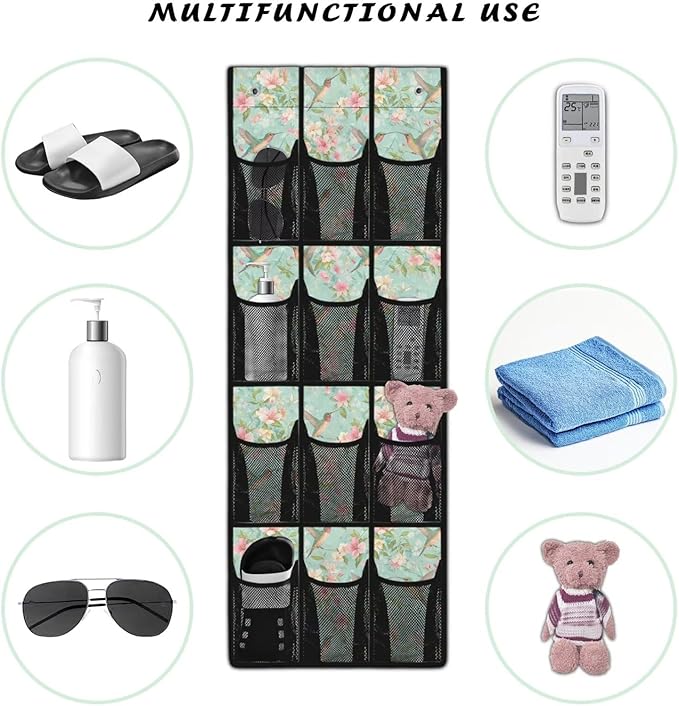 Hummingbird Flower Over the Door Shoe Organizer 12 Large Pockets Hanging Shoe Rack for Closet Foldable Shoe Storage Organizer Sock Organizer