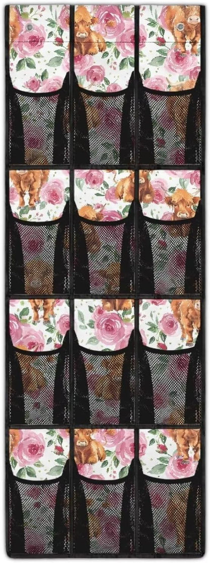 Roses and Highland Cattle Shoe Organizer for Door Hanging Easy to Install Door Hanging Shoe Organizer,Mesh Pockets with 4 Metal Hook Wall Hanging Storage