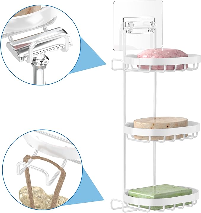 MASADI 3 Tier Soap Dish Holder, Soap Bar Holder with Hooks, Shampoo Bar Caddy for Shower Wall, Razor Holder for Shower, Bar Soap Container 304 Stainless Steel, Bathroom(White)