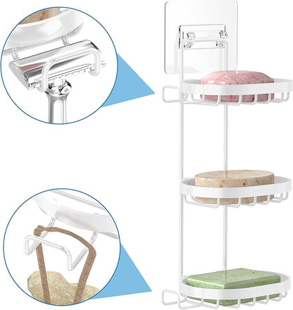 MASADI 3 Tier Soap Dish Holder, Soap Bar Holder with Hooks, Shampoo Bar Caddy for Shower Wall, Razor Holder for Shower, Bar Soap Container 304 Stainless Steel, Bathroom(White)