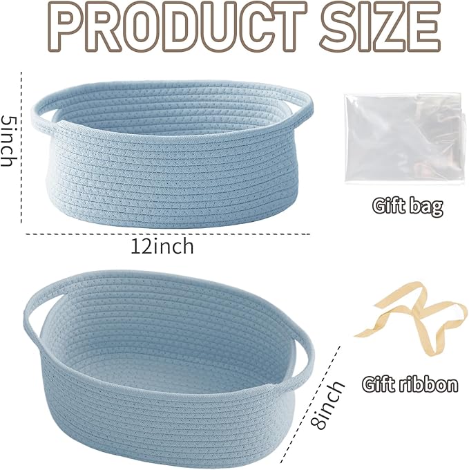 JMvicyroam Woven Basket,Small Rope Storage Bin with Handles & Ribbon Bag, Organizer for Shelves Closets,Gift Basket Empty for Birthday,Books,Dog Toys, Blue/3 Pack