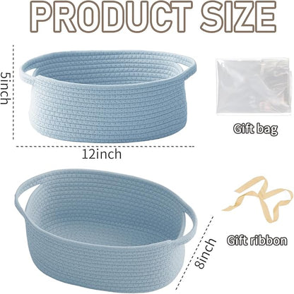 JMvicyroam Woven Basket,Small Rope Storage Bin with Handles & Ribbon Bag, Organizer for Shelves Closets,Gift Basket Empty for Birthday,Books,Dog Toys, Blue/3 Pack