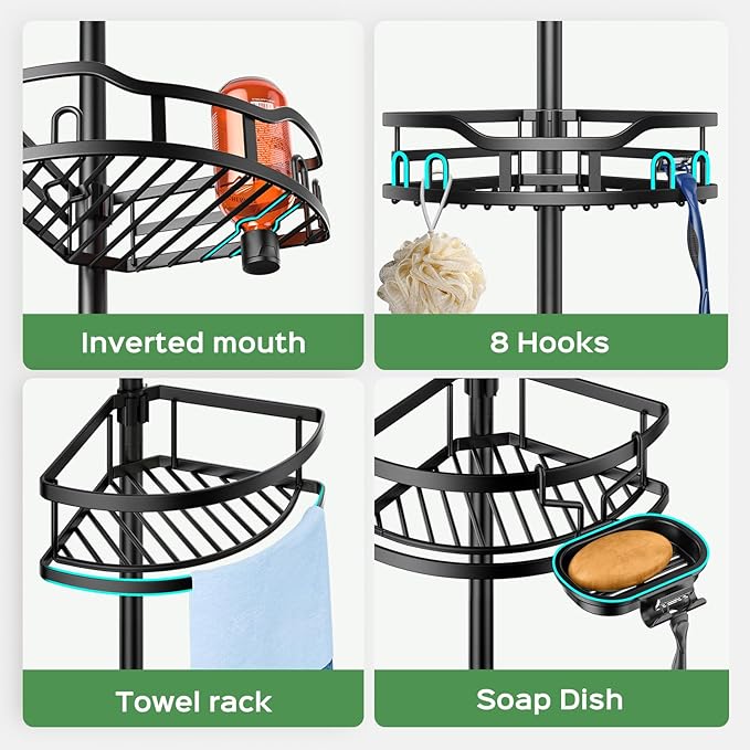 HAMITOR Shower Caddy Tension Pole: Rustproof Quick Install Corner Bathroom Organizer Shelf on Floor for Renters - 4-Tier Large Capacity Storage Rack with Soap Holder for Apartment -47-121 Inch/Black