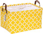 Sea Team Moroccan Pattern, Canvas Fabric Storage Basket, Collapsible Geometric Design, Storage Bin with Drawstring Cover and PU Leather Handles, 16.5 x 11.8 inches, Waterproof Inner, Yellow