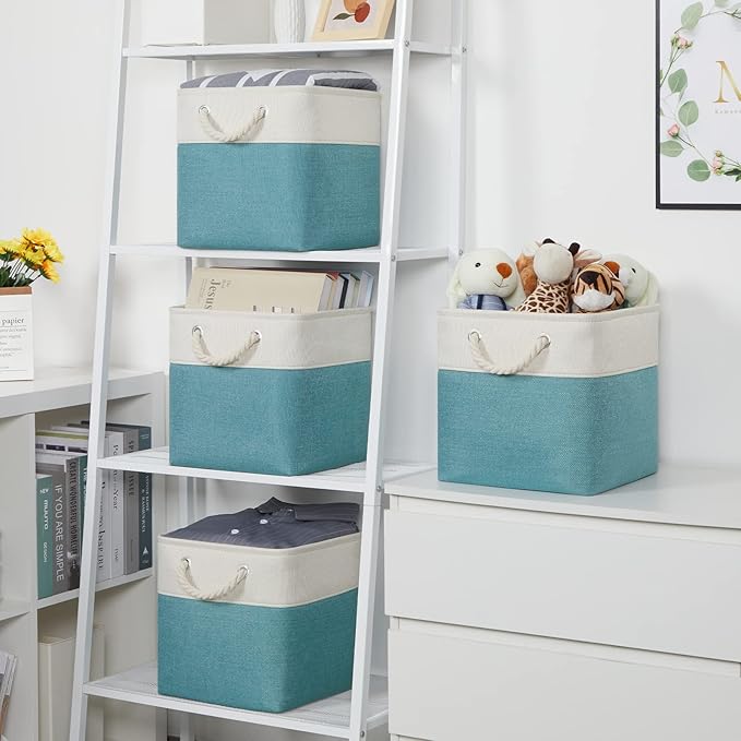 Temary Cubes Storage Baskets 11 Inch Cube Storage Bins 4 Pack Fabric Baskets for Gift Empty Teal Storage Bins for Shelves, Collapsible Fabric Storage Cubes Basket for Storage (White&Teal)