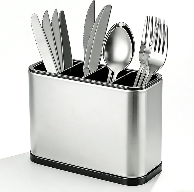 Utensil Holder, Silverware Organizer Caddy for Countertop Kitchen with 4 Compartments, Flatware Spoon Fork Tool Cutlery Holder Utensil Crock with Drain Tray for Counter Party Office, Silvery