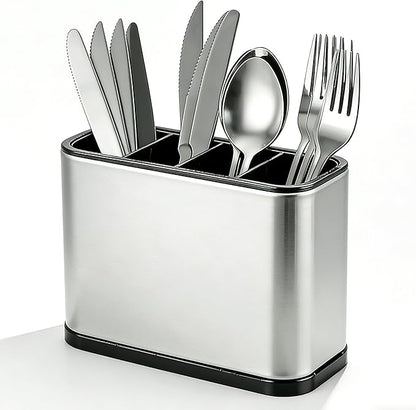 Utensil Holder, Silverware Organizer Caddy for Countertop Kitchen with 4 Compartments, Flatware Spoon Fork Tool Cutlery Holder Utensil Crock with Drain Tray for Counter Party Office, Silvery