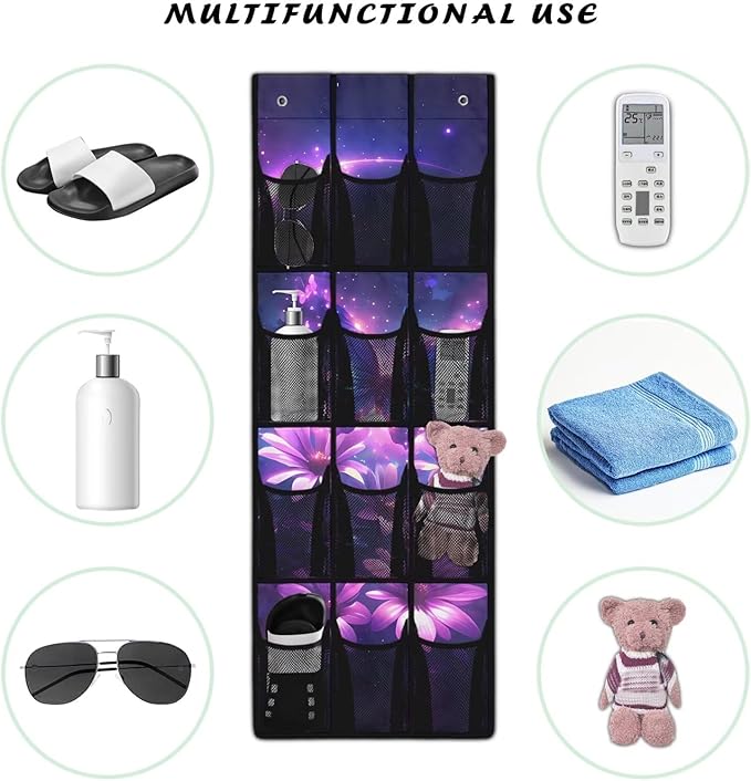 Hanging Storage Shoe Organizer for Closet 12 Mesh Pockets Over The Door Wall Closet Holder for Sundries Clothes Boots Toys,Purple Butterfly